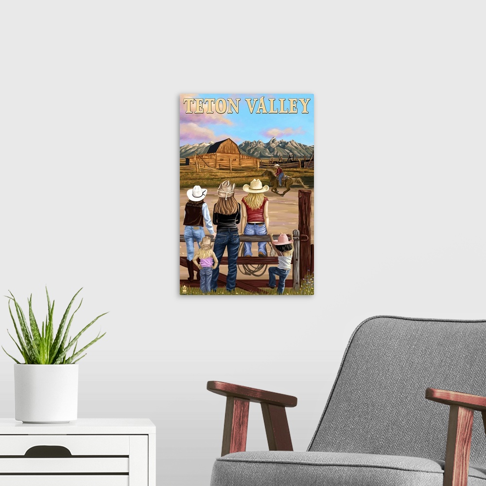 A modern room featuring Teton Valley, Idaho - Cowgirls Scene: Retro Travel Poster