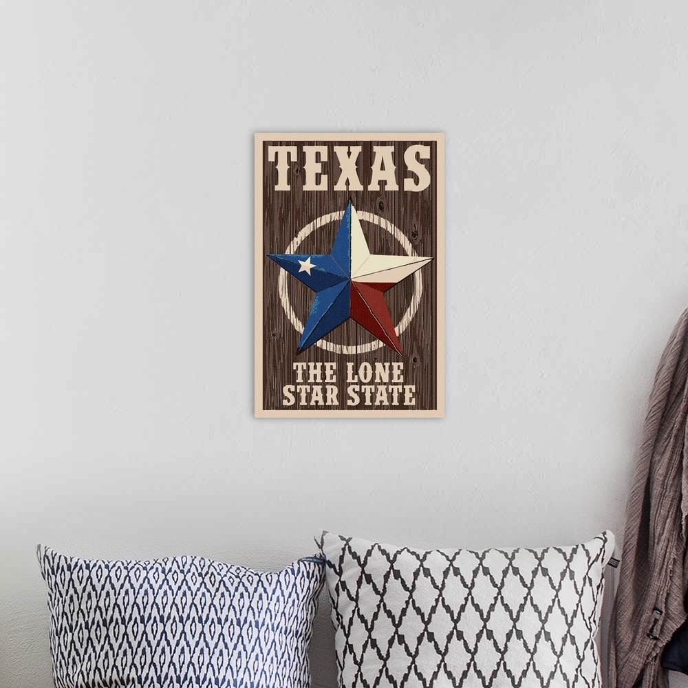 A bohemian room featuring Texas - Barn Star Letterpress: Retro Travel Poster
