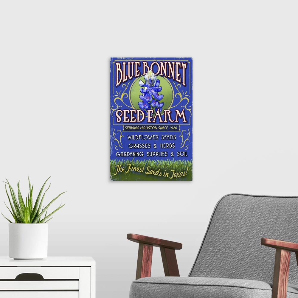 A modern room featuring Retro stylized art poster of a vintage sign advertising a seed farm, with a blue bonnet flower in...