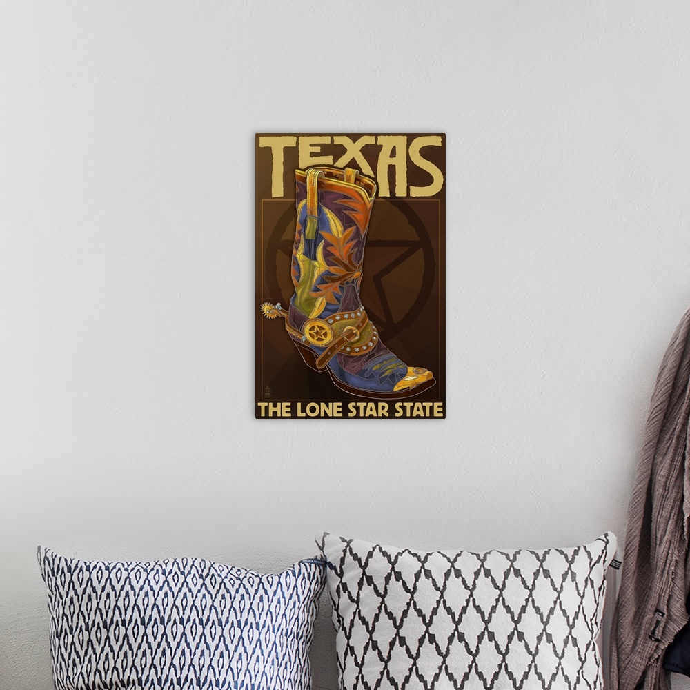 A bohemian room featuring Texas - Boot and Star: Retro Travel Poster