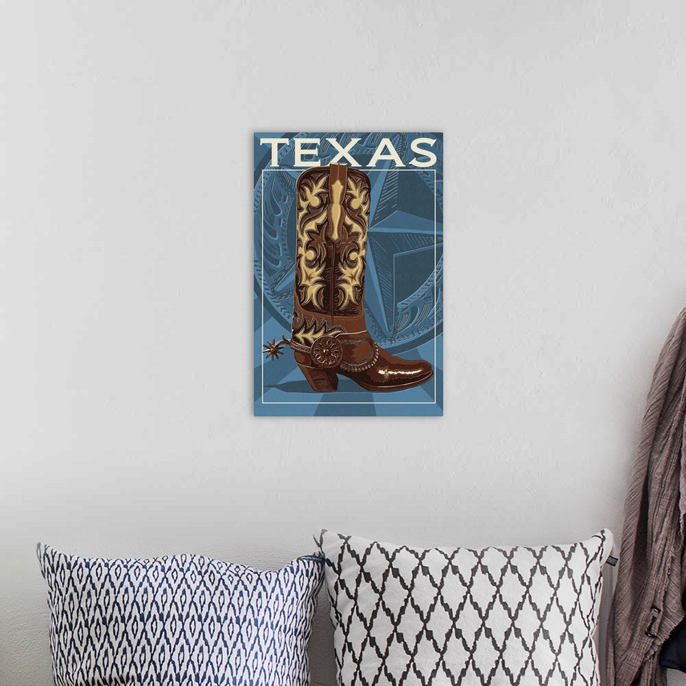 A bohemian room featuring Texas - Boot Letterpress: Retro Travel Poster