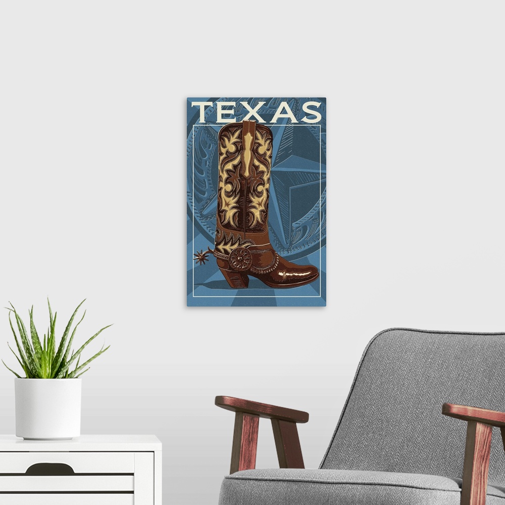 A modern room featuring Texas - Boot Letterpress: Retro Travel Poster