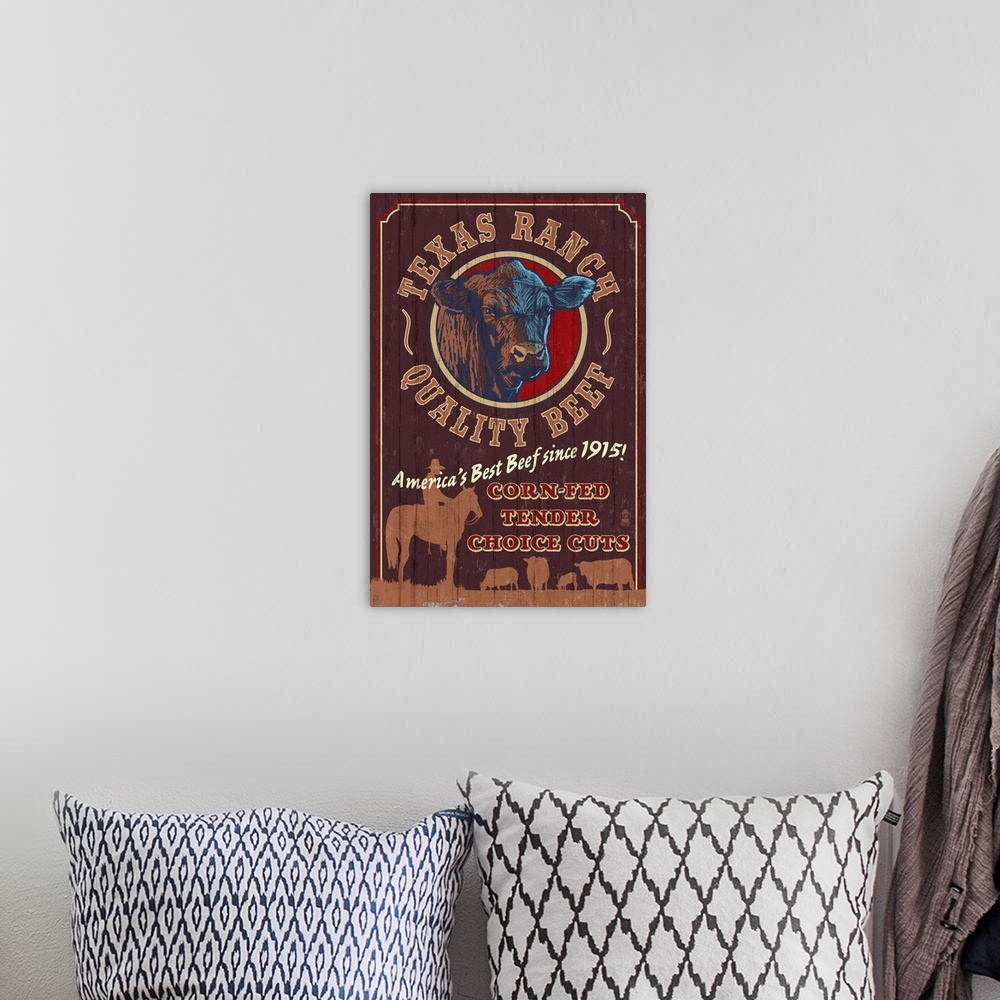 A bohemian room featuring Texas - Cattle Ranch Vintage Sign: Retro Travel Poster