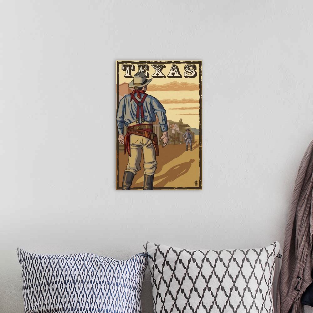 A bohemian room featuring Texas Cowboy Standoff: Retro Travel Poster