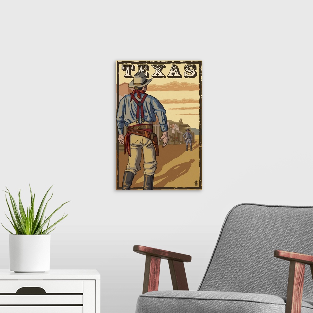 A modern room featuring Texas Cowboy Standoff: Retro Travel Poster