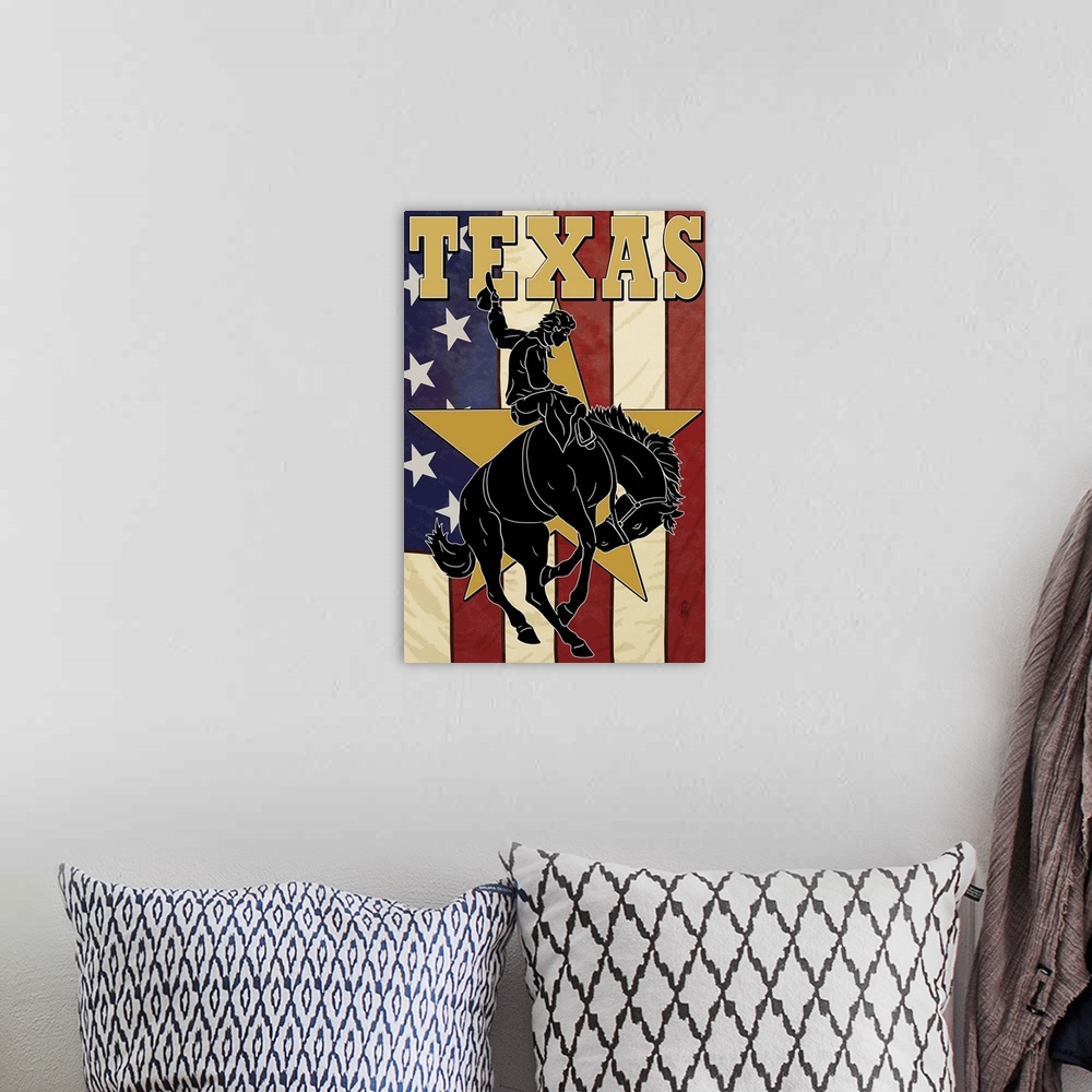 A bohemian room featuring Texas - Cowboy with Bucking Bronco: Retro Travel Poster