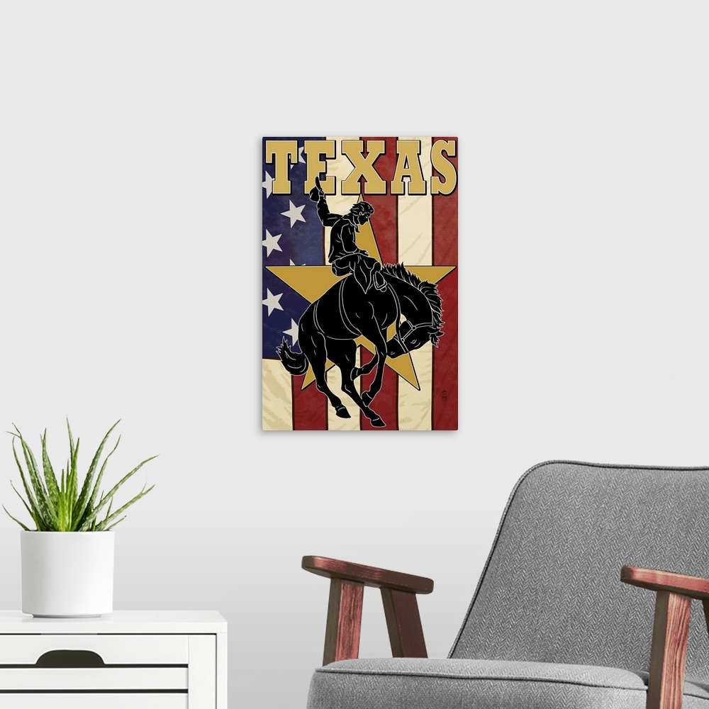 A modern room featuring Texas - Cowboy with Bucking Bronco: Retro Travel Poster