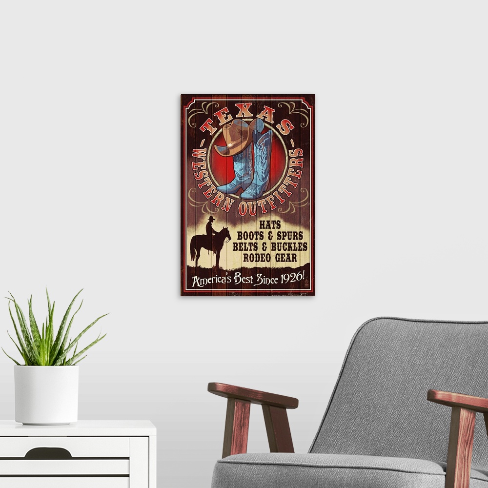 A modern room featuring Texas - Hat and Boot Shop Vintage Sign: Retro Travel Poster