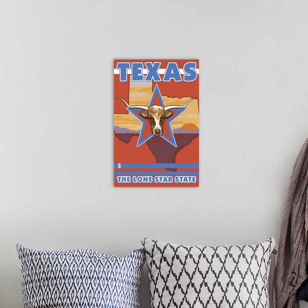 A bohemian room featuring Texas State - Longhorn Bull: Retro Travel Poster