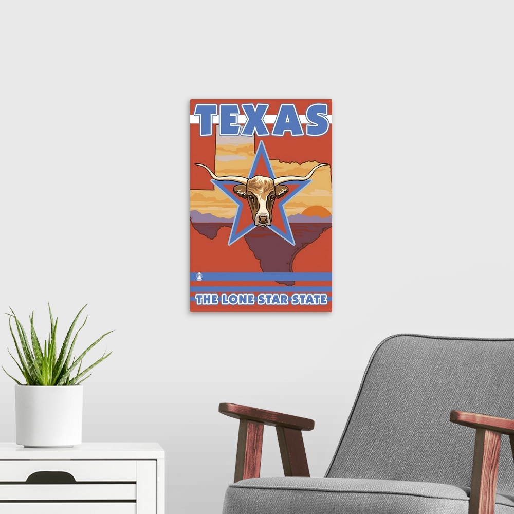 A modern room featuring Texas State - Longhorn Bull: Retro Travel Poster