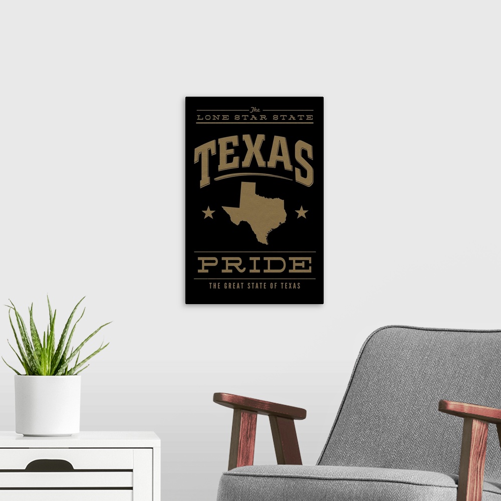 A modern room featuring The Texas state outline on black with gold text.