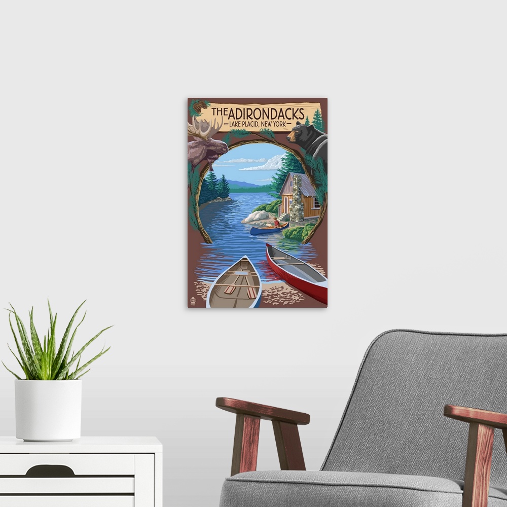 A modern room featuring The Adirondacks - Lake Placid, New York State - Montage: Retro Travel Poster