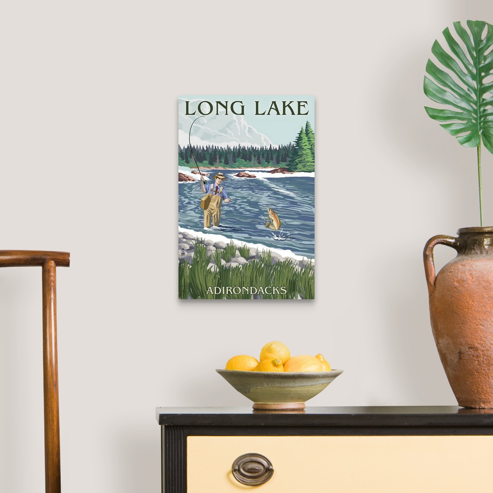 A traditional room featuring The Adirondacks, Long Lake, New York, Fisherman in River