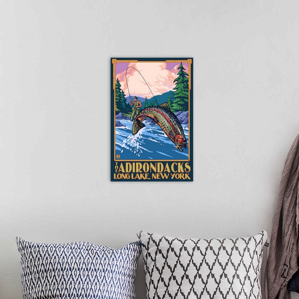 A bohemian room featuring The Adirondacks - Long Lake, New York State - Fly Fishing: Retro Travel Poster