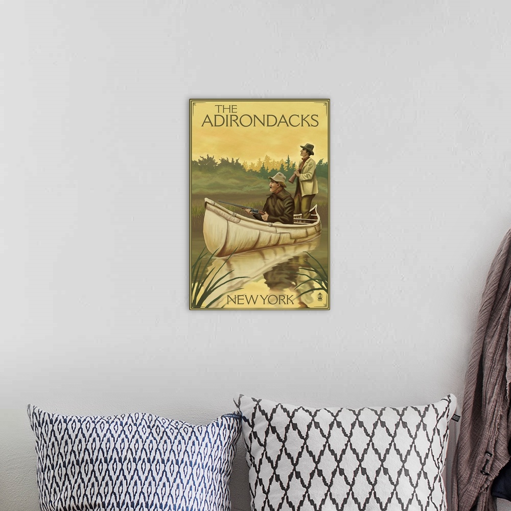 A bohemian room featuring The Adirondacks, New York - Hunters in Canoe: Retro Travel Poster