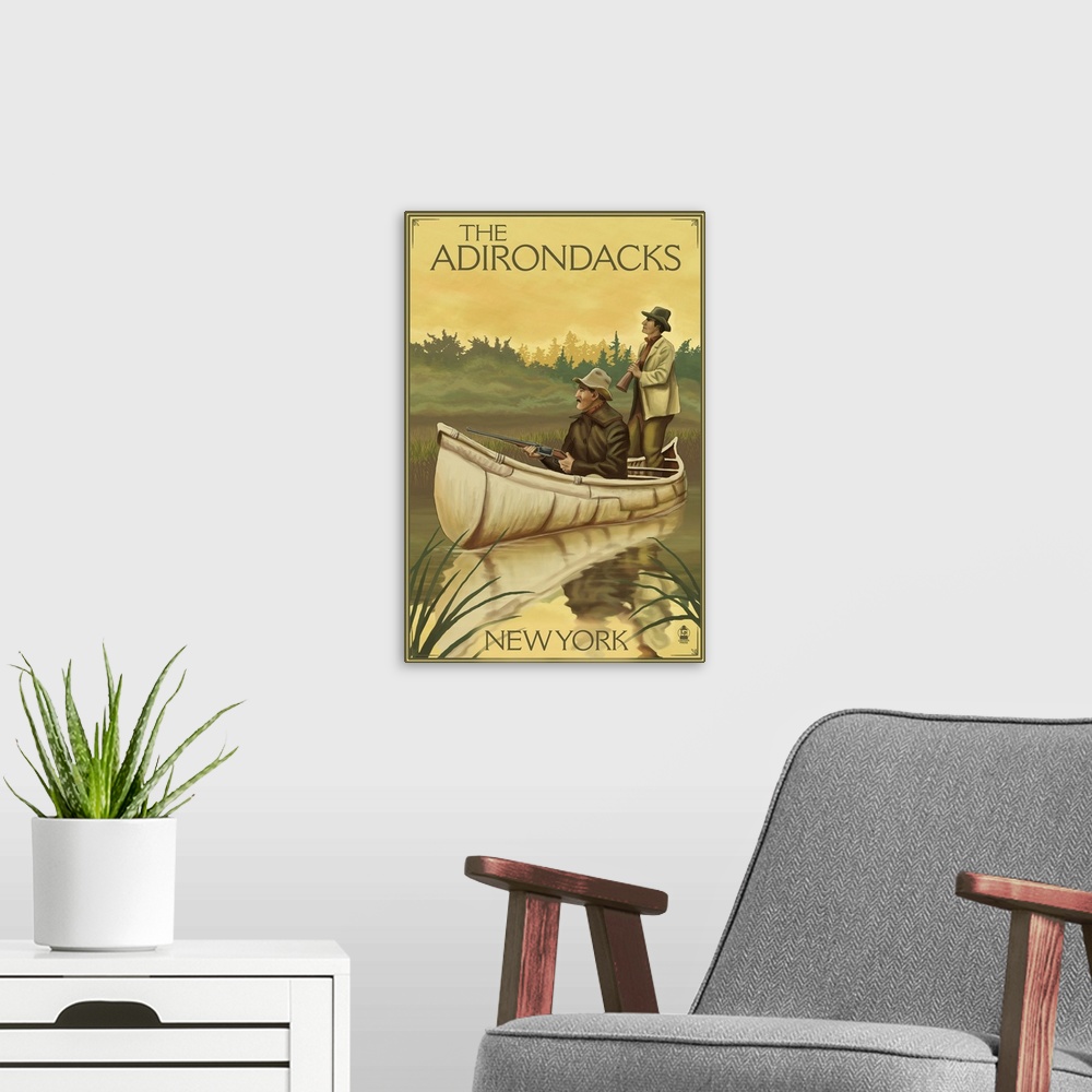 A modern room featuring The Adirondacks, New York - Hunters in Canoe: Retro Travel Poster