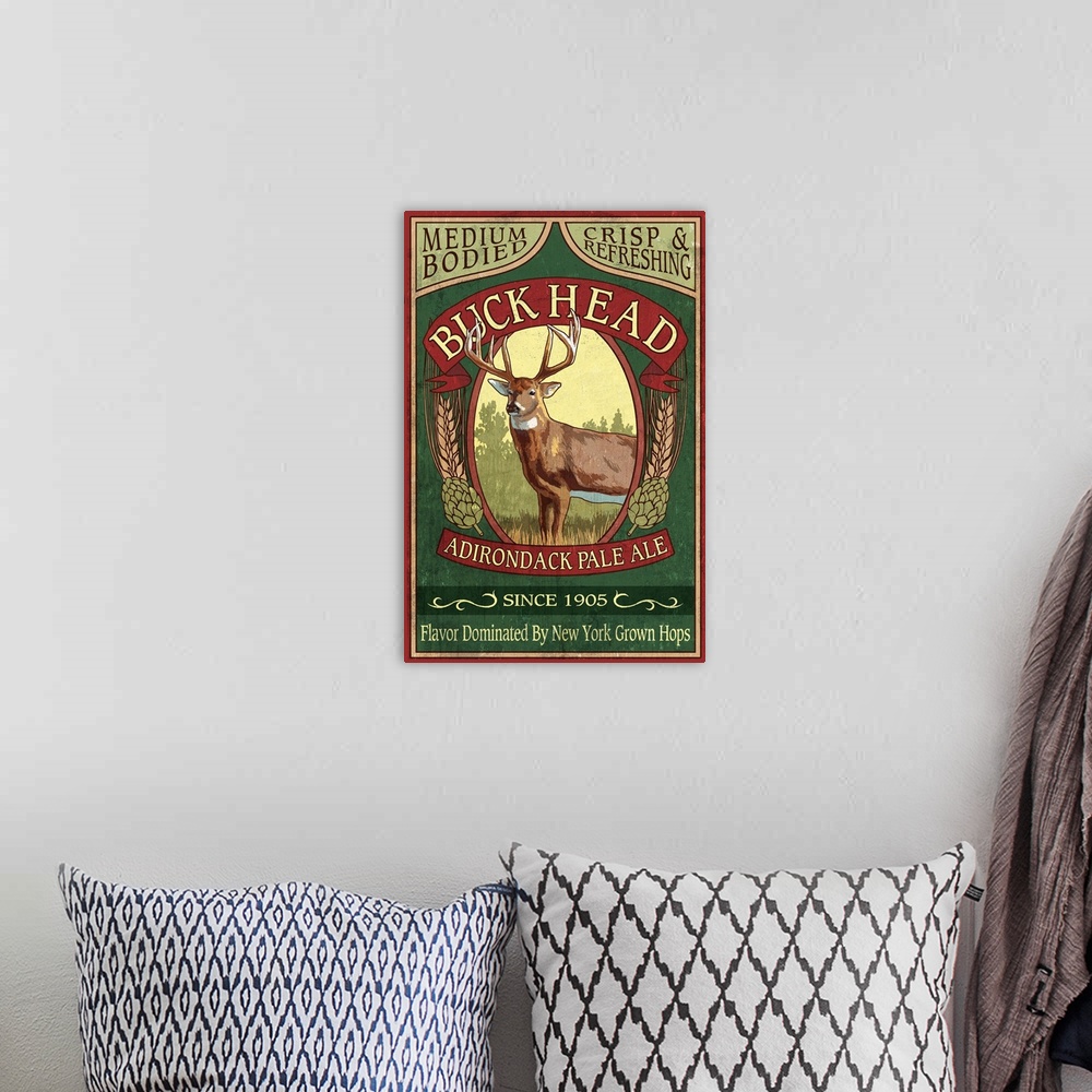 A bohemian room featuring The Adirondacks, New York State - Buck Head Ale Vintage Sign: Retro Travel Poster