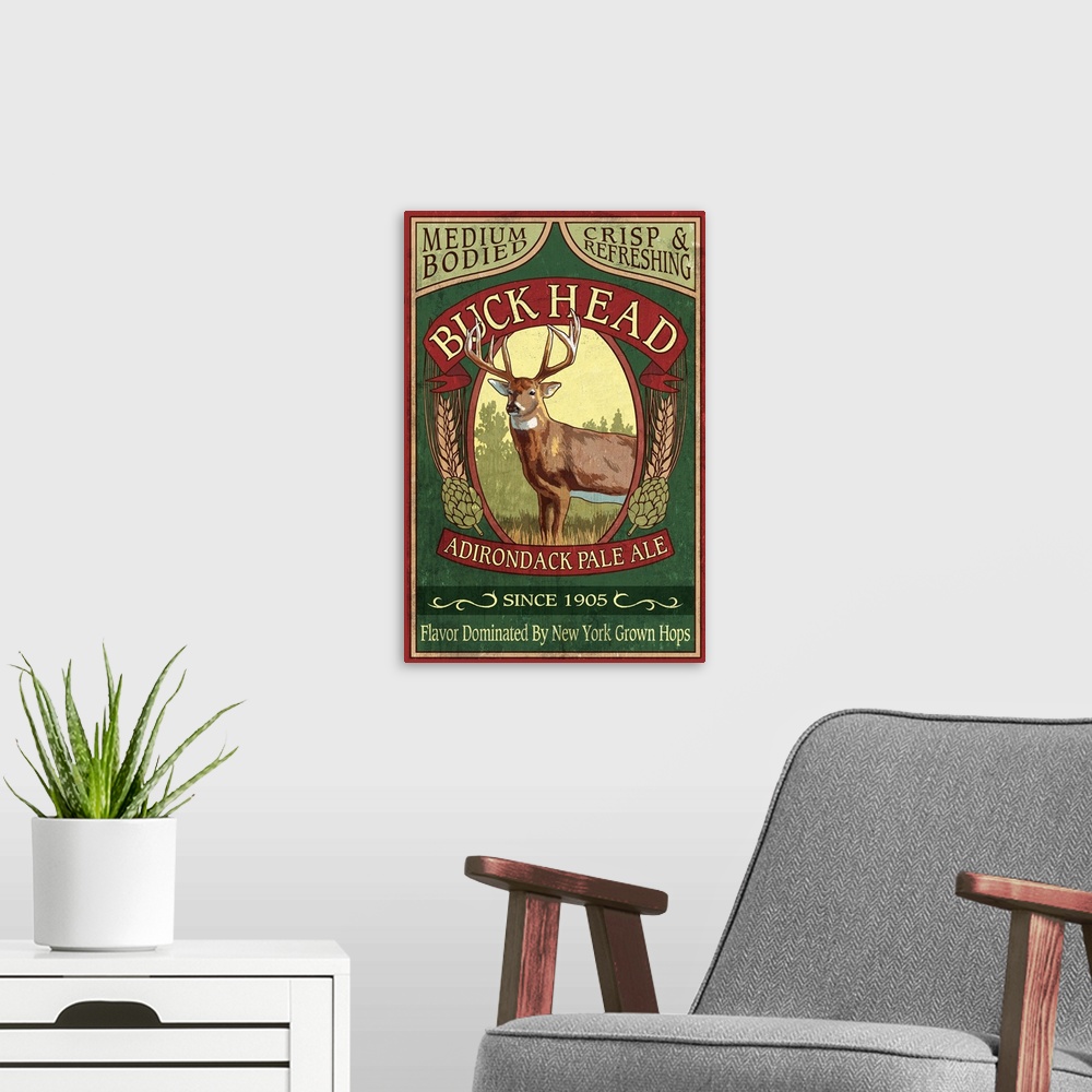 A modern room featuring The Adirondacks, New York State - Buck Head Ale Vintage Sign: Retro Travel Poster