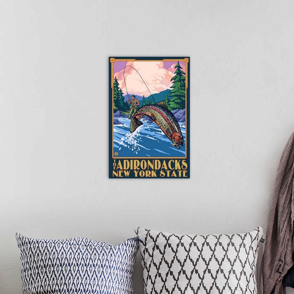 A bohemian room featuring The Adirondacks, New York State - Fly Fisherman: Retro Travel Poster