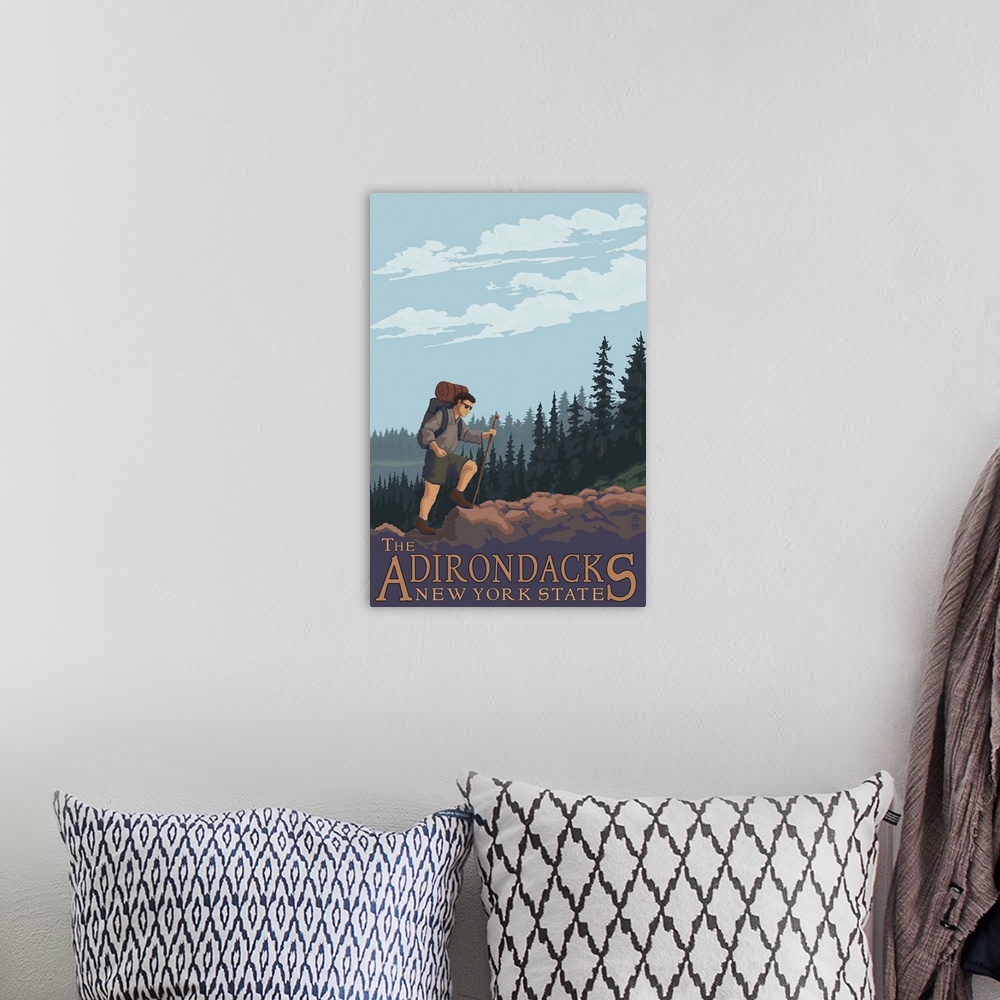 A bohemian room featuring The Adirondacks, New York State - Hiking Scene: Retro Travel Poster