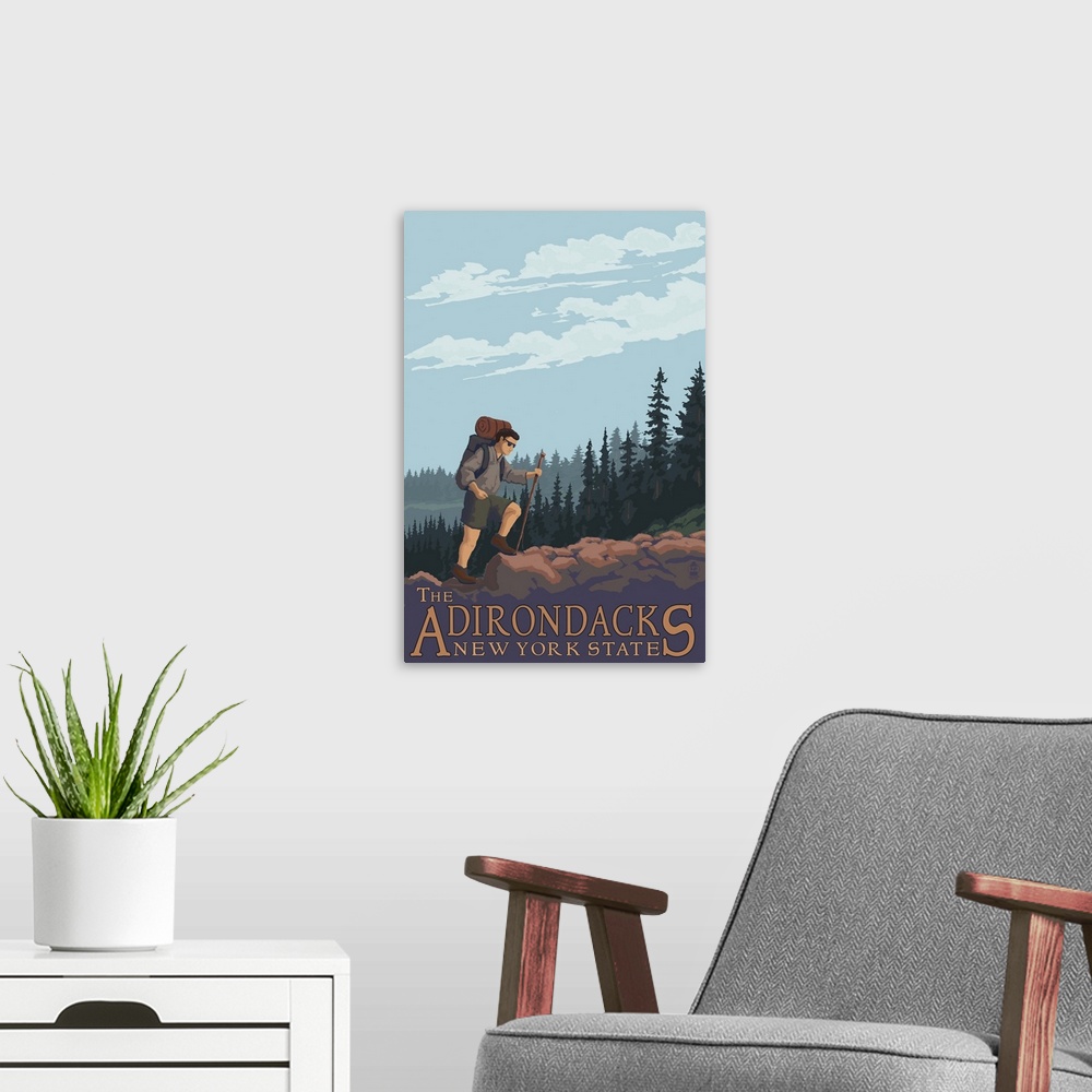A modern room featuring The Adirondacks, New York State - Hiking Scene: Retro Travel Poster