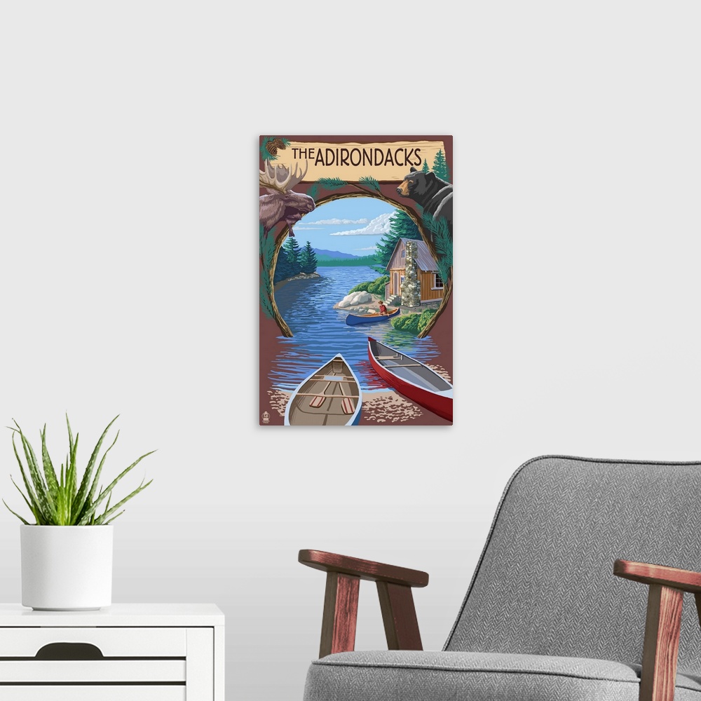A modern room featuring The Adirondacks, New York State - Lake Montage Scene: Retro Travel Poster