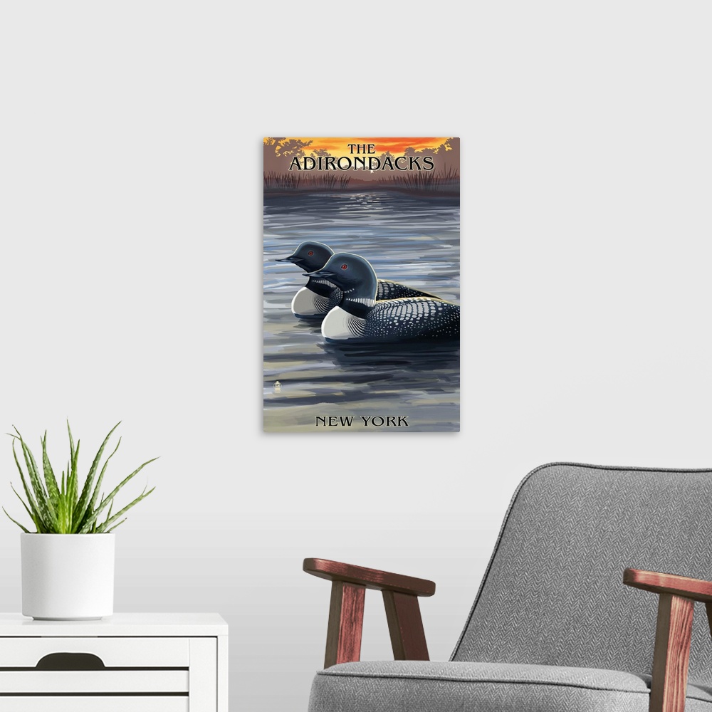 A modern room featuring The Adirondacks, New York State - Loons at Sunset: Retro Travel Poster
