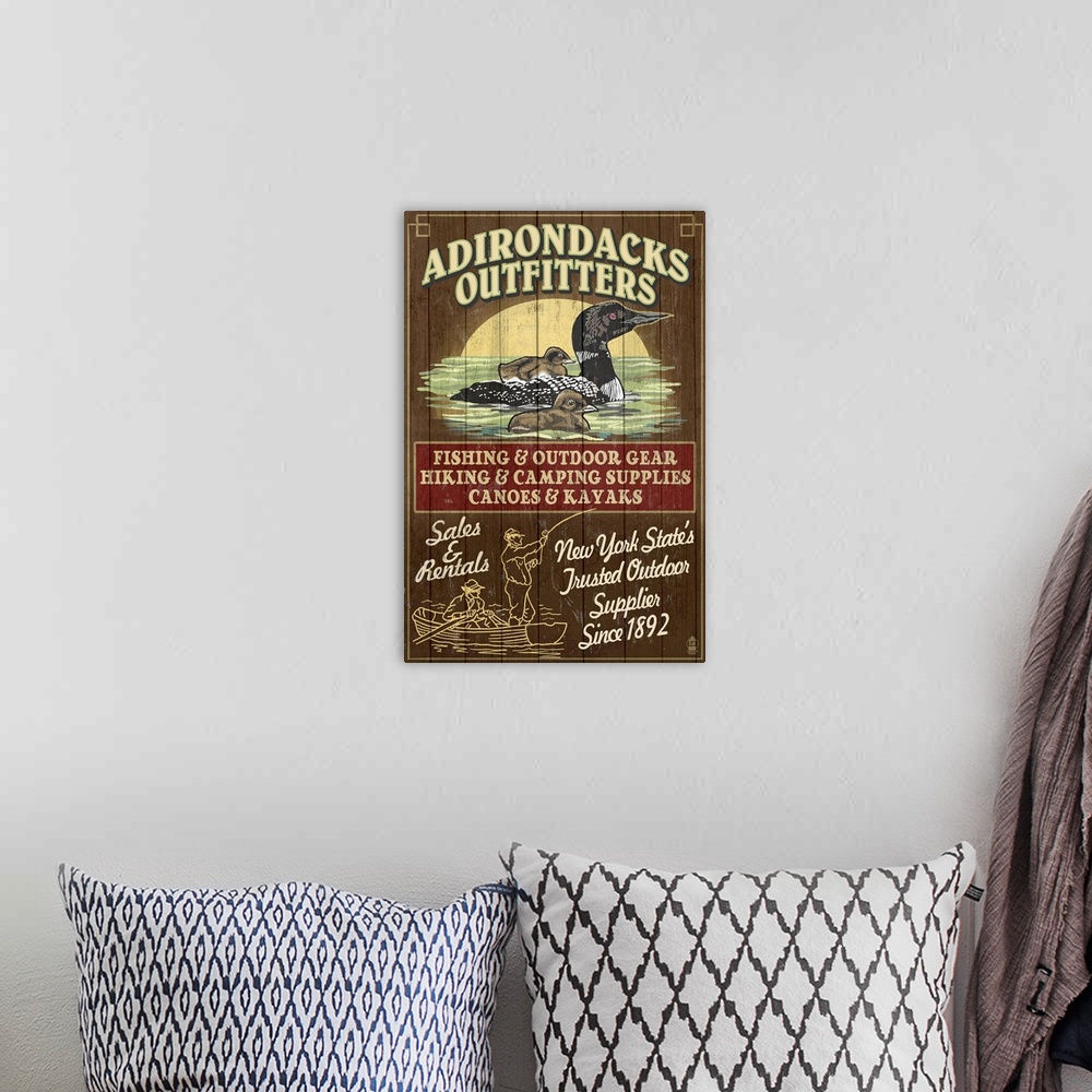 A bohemian room featuring The Adirondacks, New York State - Outfitters Vintage Sign Loon: Retro Travel Poster