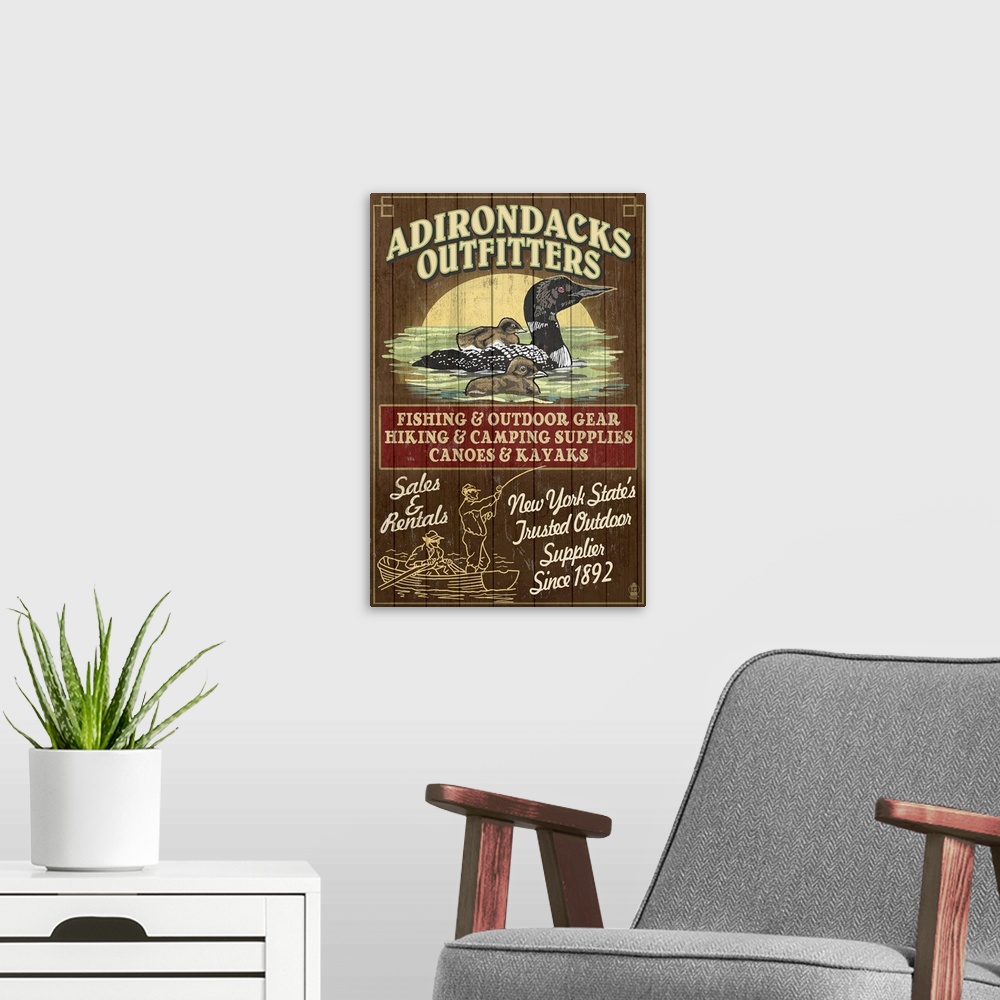 A modern room featuring The Adirondacks, New York State - Outfitters Vintage Sign Loon: Retro Travel Poster
