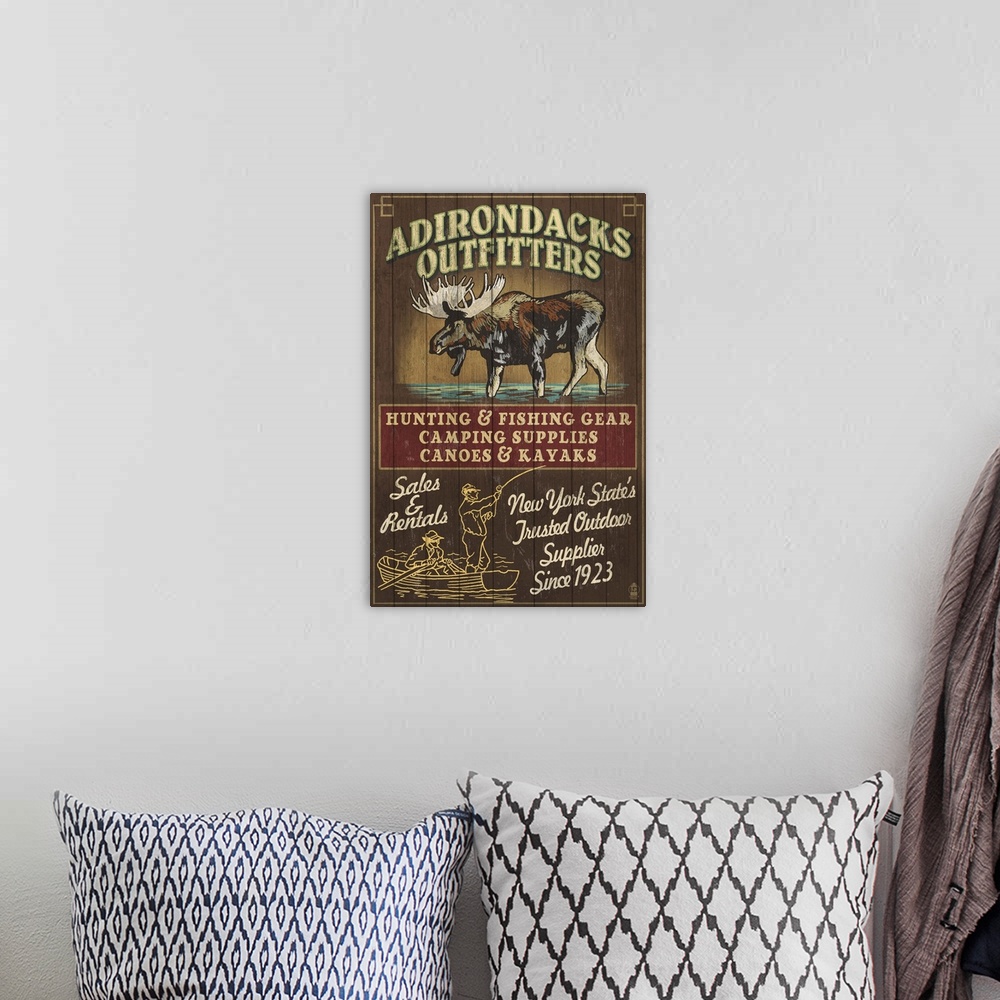 A bohemian room featuring The Adirondacks, New York State - Outfitters Vintage Sign Moose: Retro Travel Poster