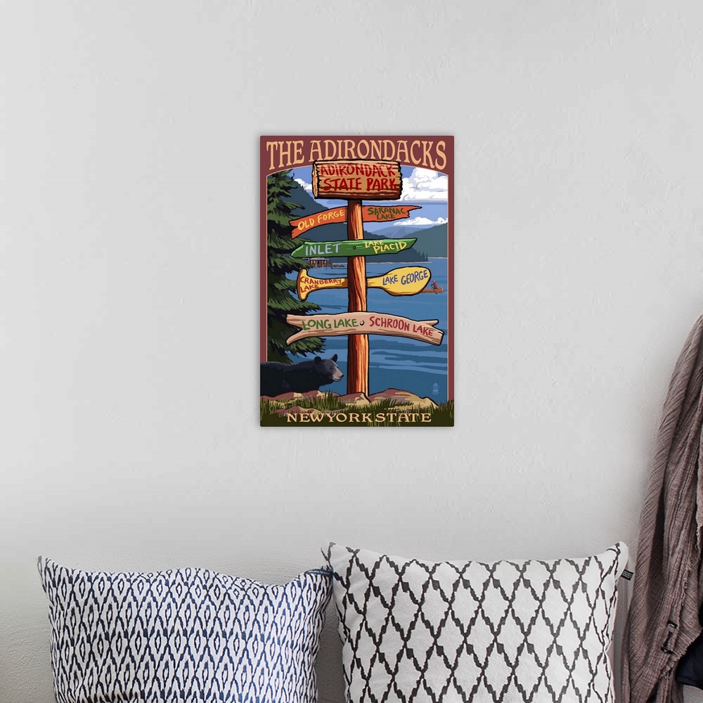 A bohemian room featuring The Adirondacks, New York State - Sign Destinations: Retro Travel Poster
