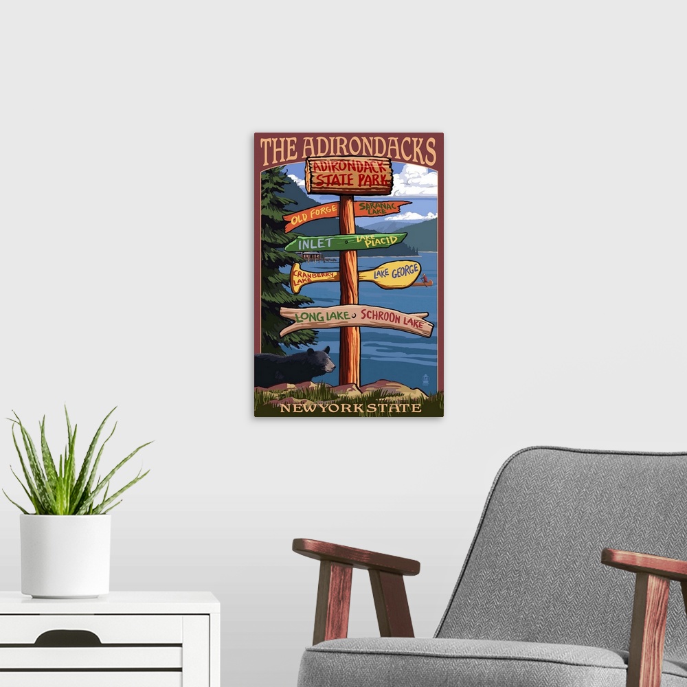 A modern room featuring The Adirondacks, New York State - Sign Destinations: Retro Travel Poster