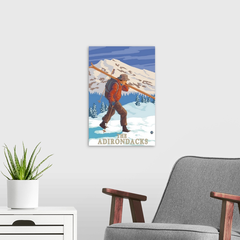 A modern room featuring The Adirondacks, New York State - Skier Carrying Skis: Retro Travel Poster