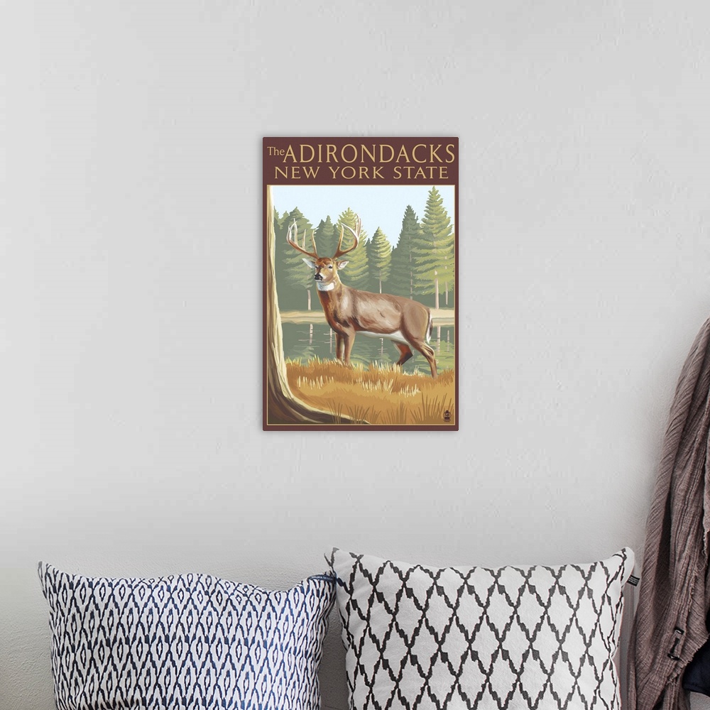 A bohemian room featuring The Adirondacks, New York State - White Tailed Deer Buck: Retro Travel Poster