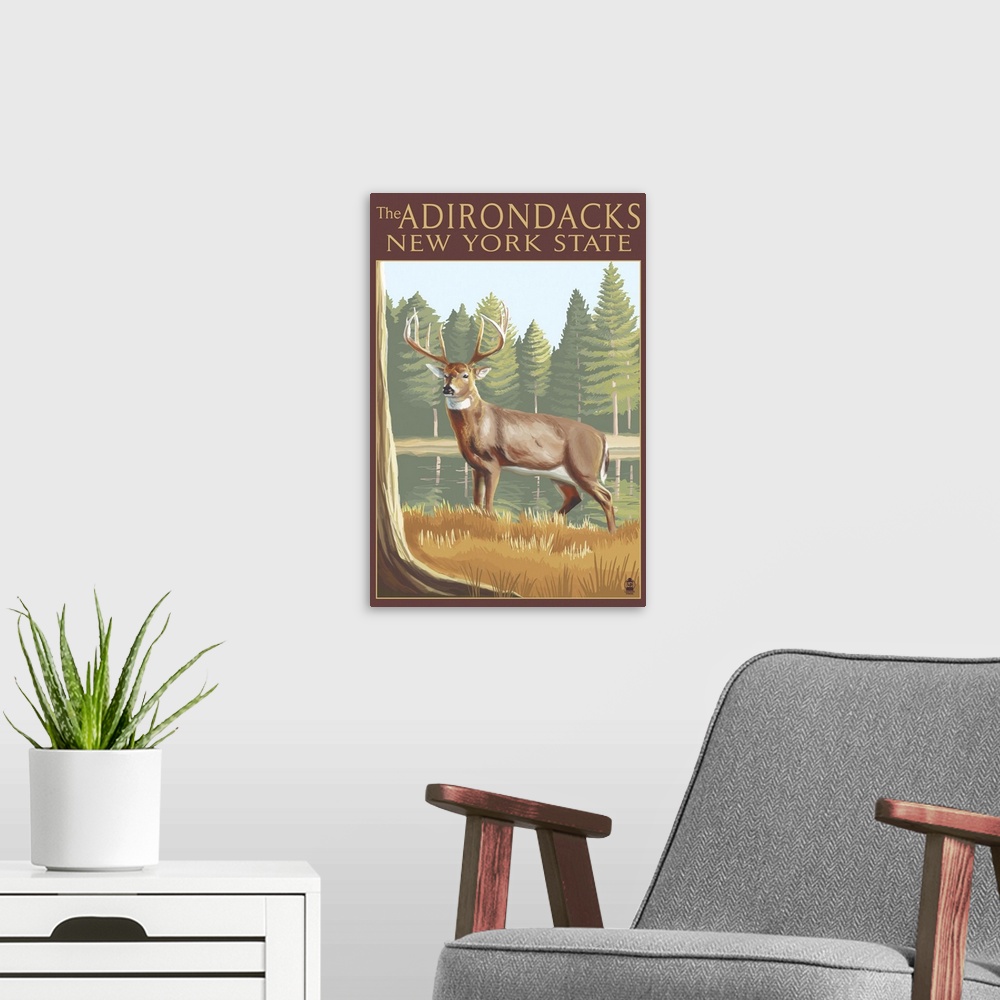 A modern room featuring The Adirondacks, New York State - White Tailed Deer Buck: Retro Travel Poster