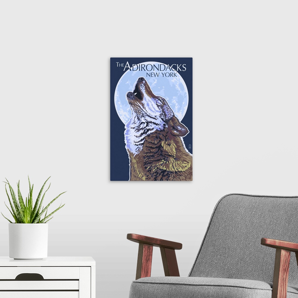 A modern room featuring The Adirondacks, New York - Wolf Howling at Moon: Retro Travel Poster