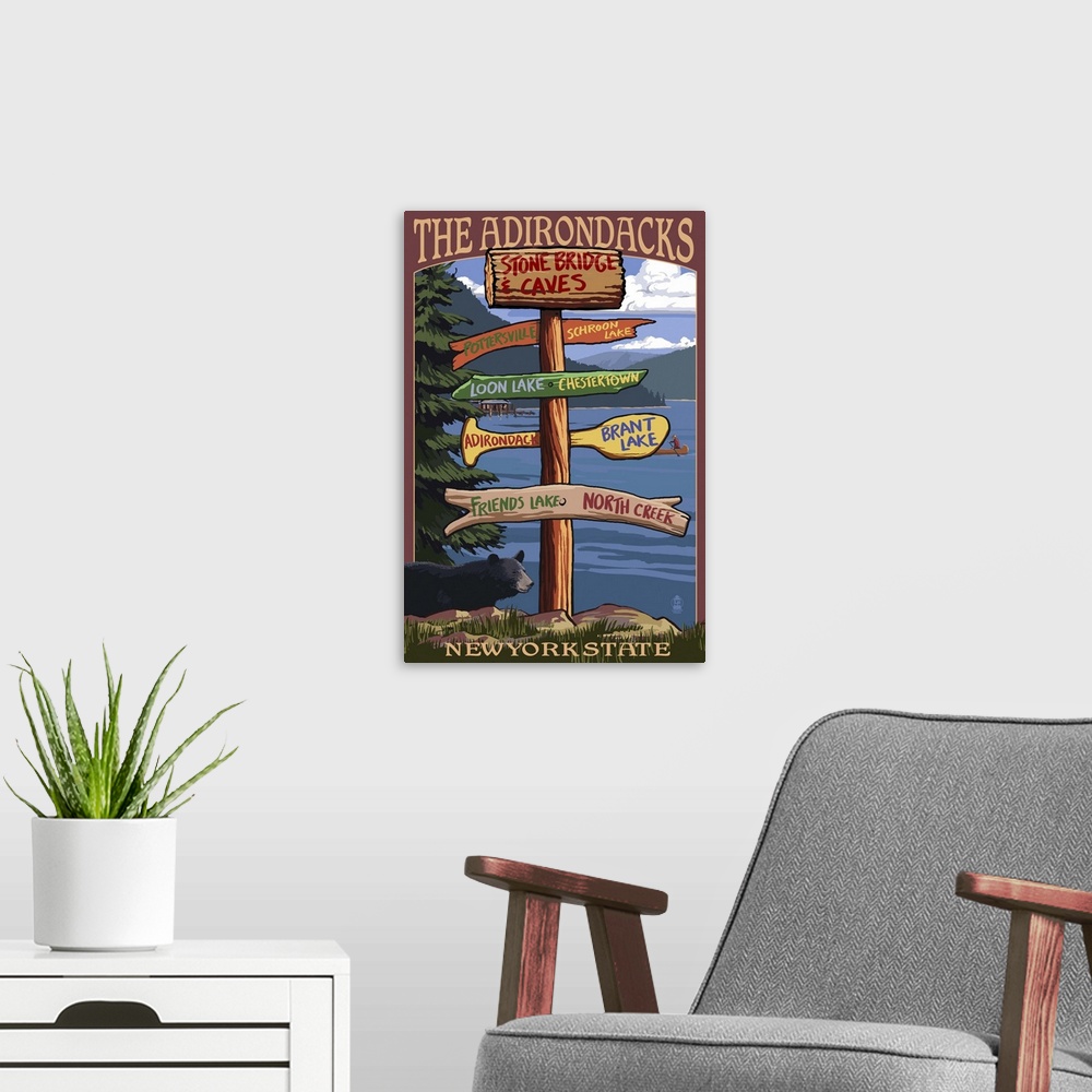 A modern room featuring The Adirondacks - Stone Bridge and Caves, New York State: Retro Travel Poster