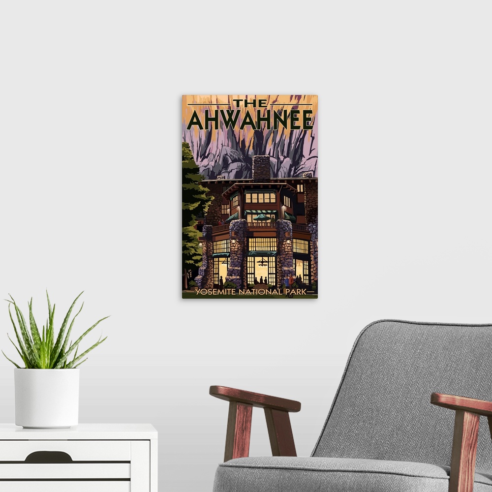 A modern room featuring The Ahwahnee - Yosemite National Park - California: Retro Travel Poster