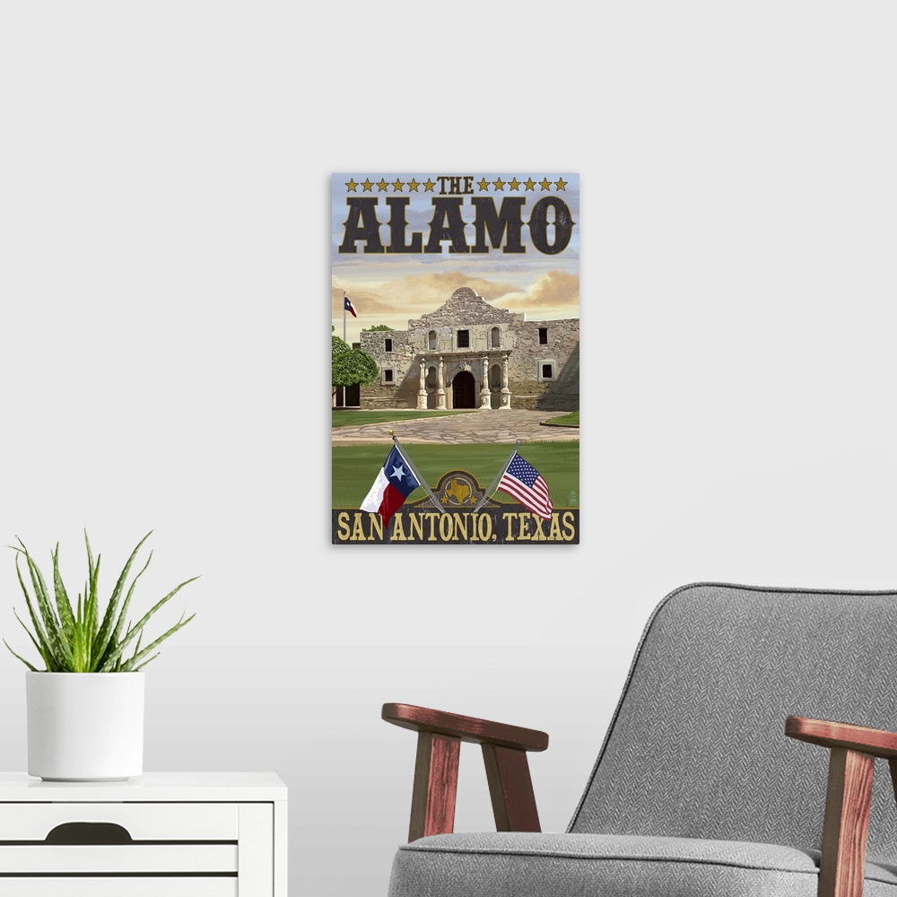 A modern room featuring The Alamo Morning Scene - San Antonio, Texas: Retro Travel Poster