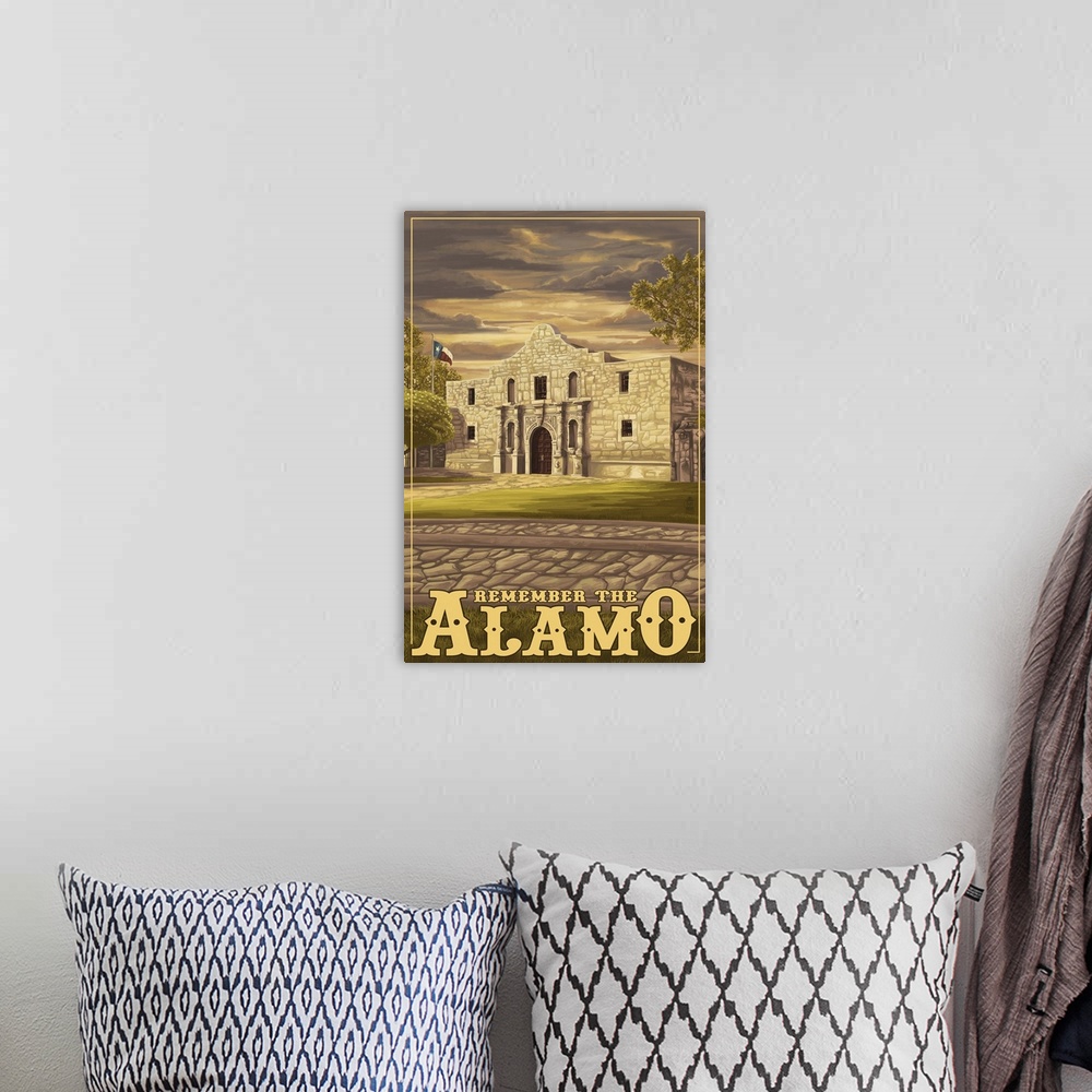 A bohemian room featuring The Alamo Sunset - San Antonio, Texas: Retro Travel Poster