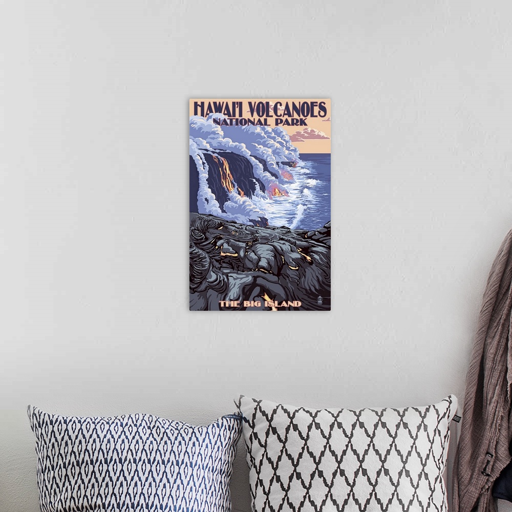 A bohemian room featuring Retro stylized art poster of lava flow from a volcano spilling into the ocean.