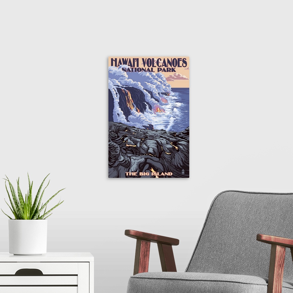 A modern room featuring Retro stylized art poster of lava flow from a volcano spilling into the ocean.