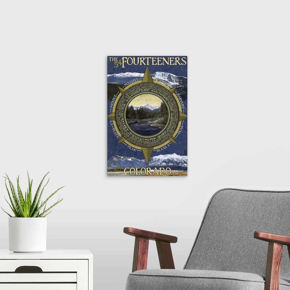 A modern room featuring Retro stylized art poster of a compass with a wilderness mountain scene in it.