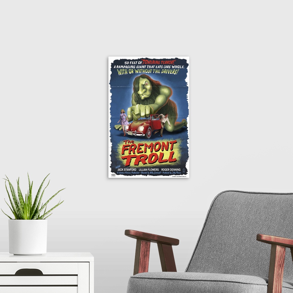 A modern room featuring The Fremont Troll Movie Poster