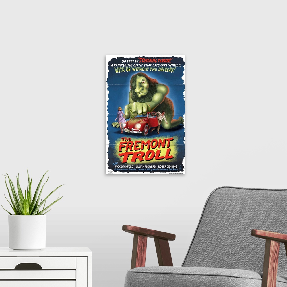 A modern room featuring Retro stylized art poster of vintage movie poster of a troll grabbing a car, and its passengers r...
