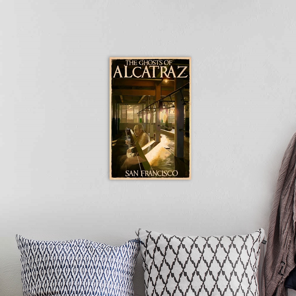 A bohemian room featuring The Ghosts of Alcatraz Island - San Francisco, CA: Retro Travel Poster