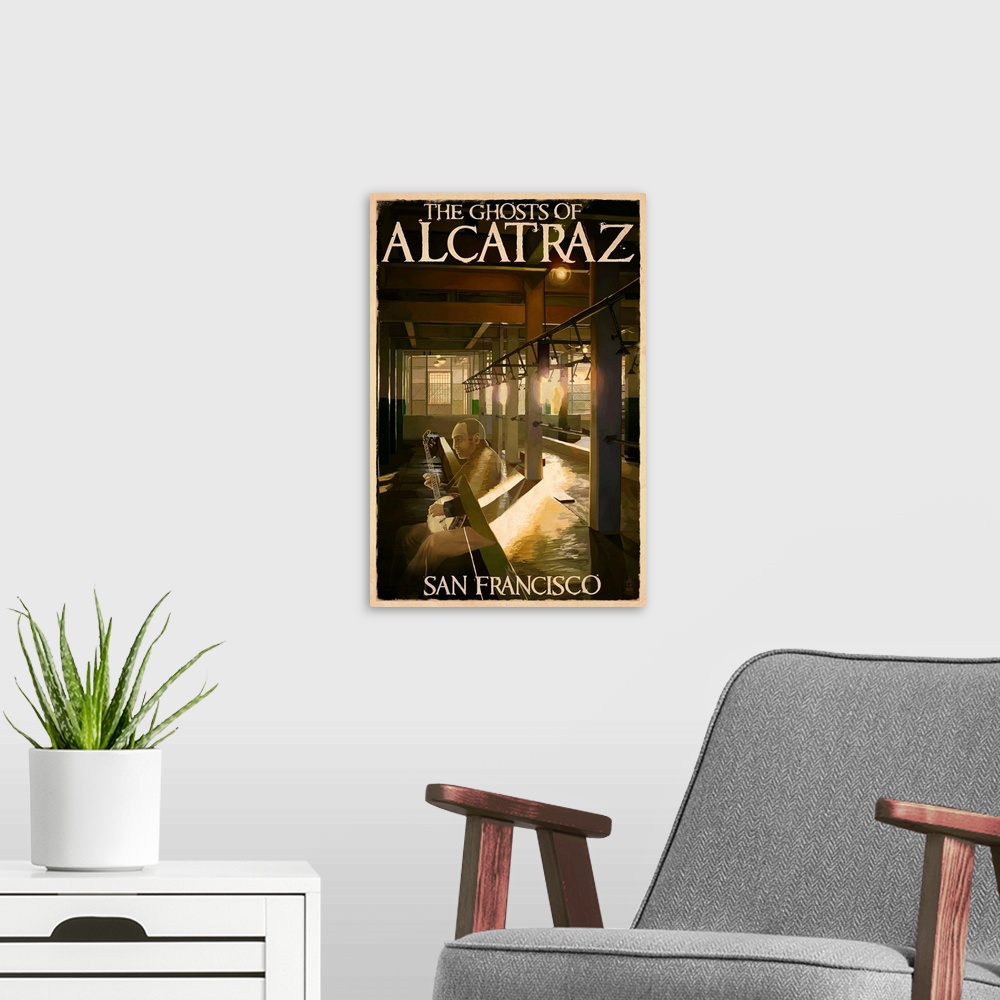 A modern room featuring The Ghosts of Alcatraz Island - San Francisco, CA: Retro Travel Poster