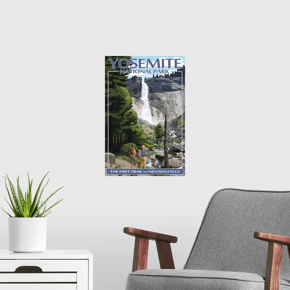 A modern room featuring The Mist Trail - Yosemite National Park, California: Retro Travel Poster