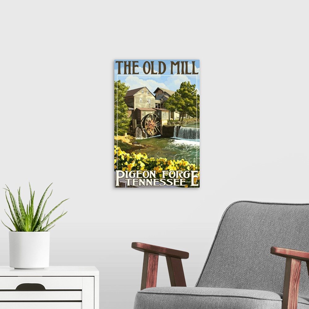 A modern room featuring Retro stylized art poster of a old mill, with a water wheel.