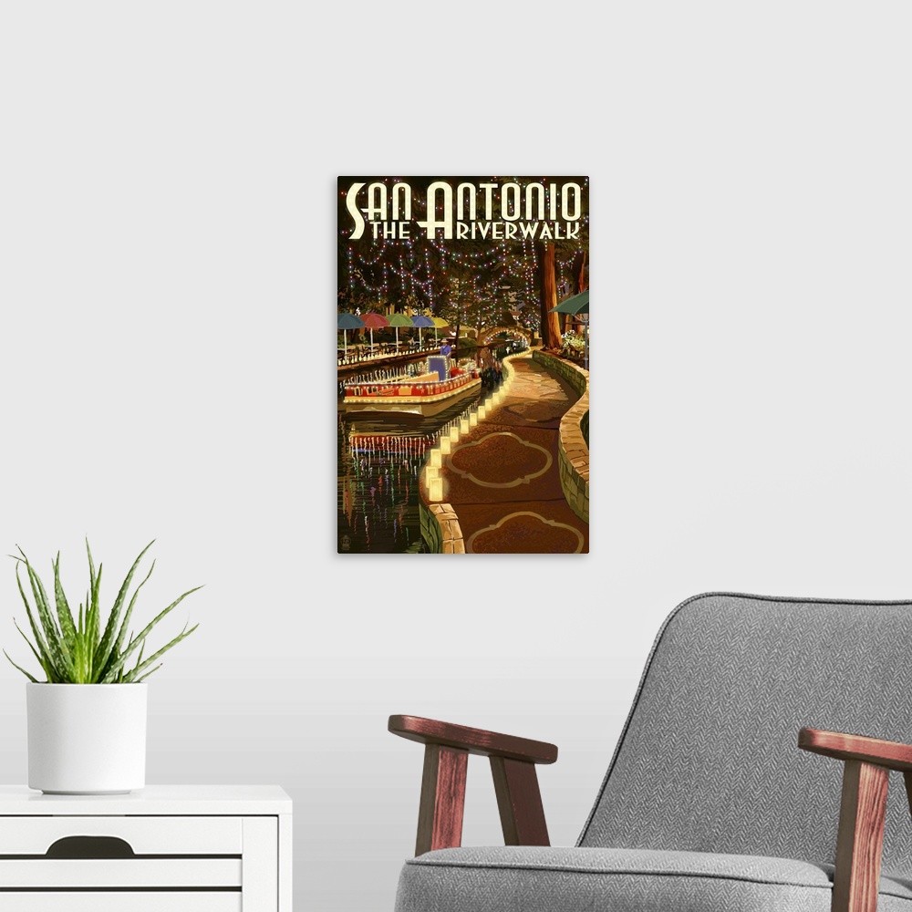 A modern room featuring The Riverwalk - San Antonio, Texas: Retro Travel Poster